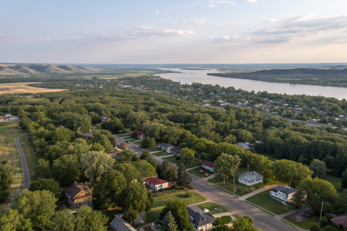Aerial view of tree-lined neighborhoods on rolling hills near a wide river