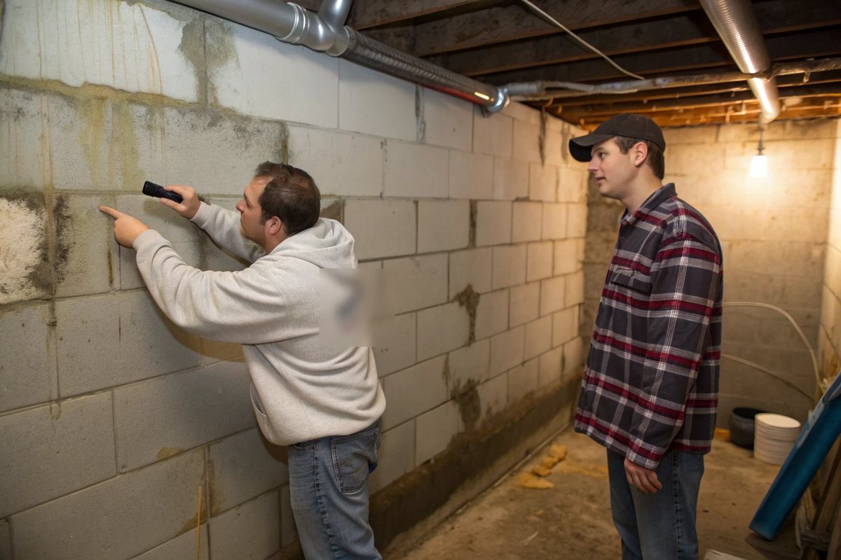 Two people with a flashlight looking at a damp stain on a block basement wall