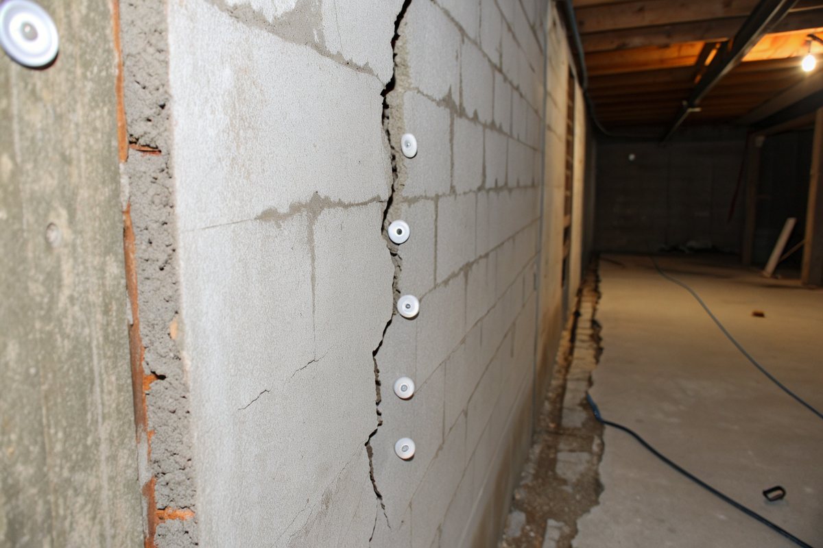 A vertical crack in a basement wall with small white injection ports set along it