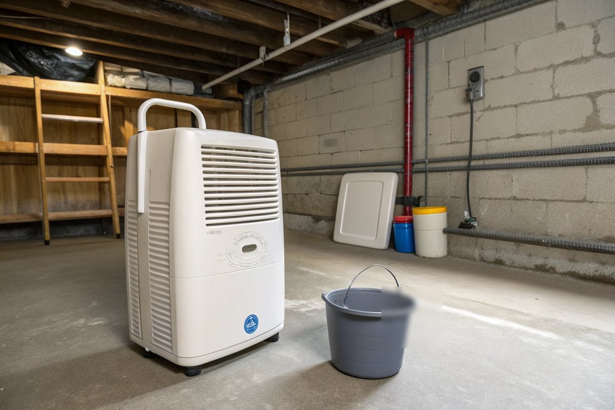 A white portable dehumidifier and a bucket on the floor of an unfinished basement