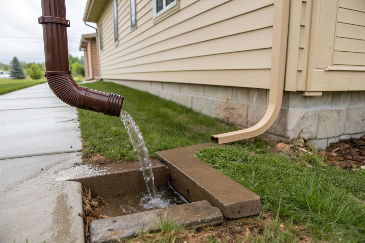 A brown downspout extension and splash block sending rainwater away from a sided house