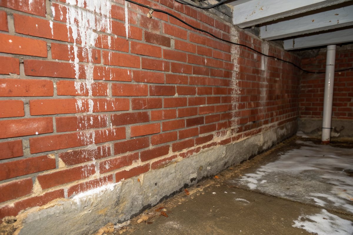 White efflorescence streaks and damp patches on the lower courses of an old brick basement wall