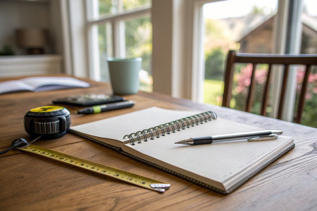 A blank spiral notebook, a pen and a tape measure on a dining table