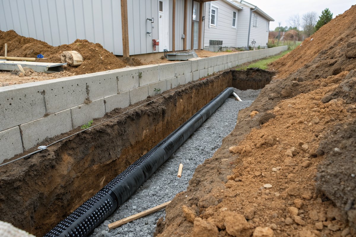 An open trench along a block foundation with a perforated drain pipe in gravel at the footing