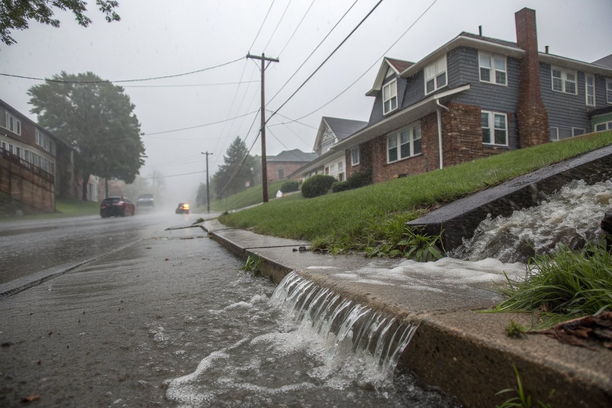 Heavy rain running along the curb of a sloping street of older houses