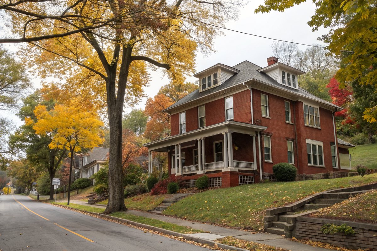 A two-story red brick house with a wide front porch and small basement windows on a hilly tree-lined street in autumn
