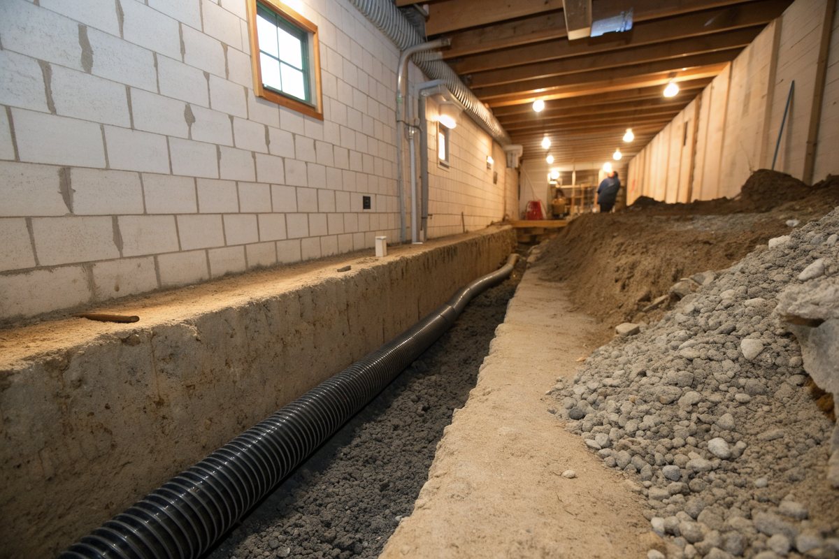 A trench cut into a basement floor along a block wall, holding gravel and a black perforated drain pipe
