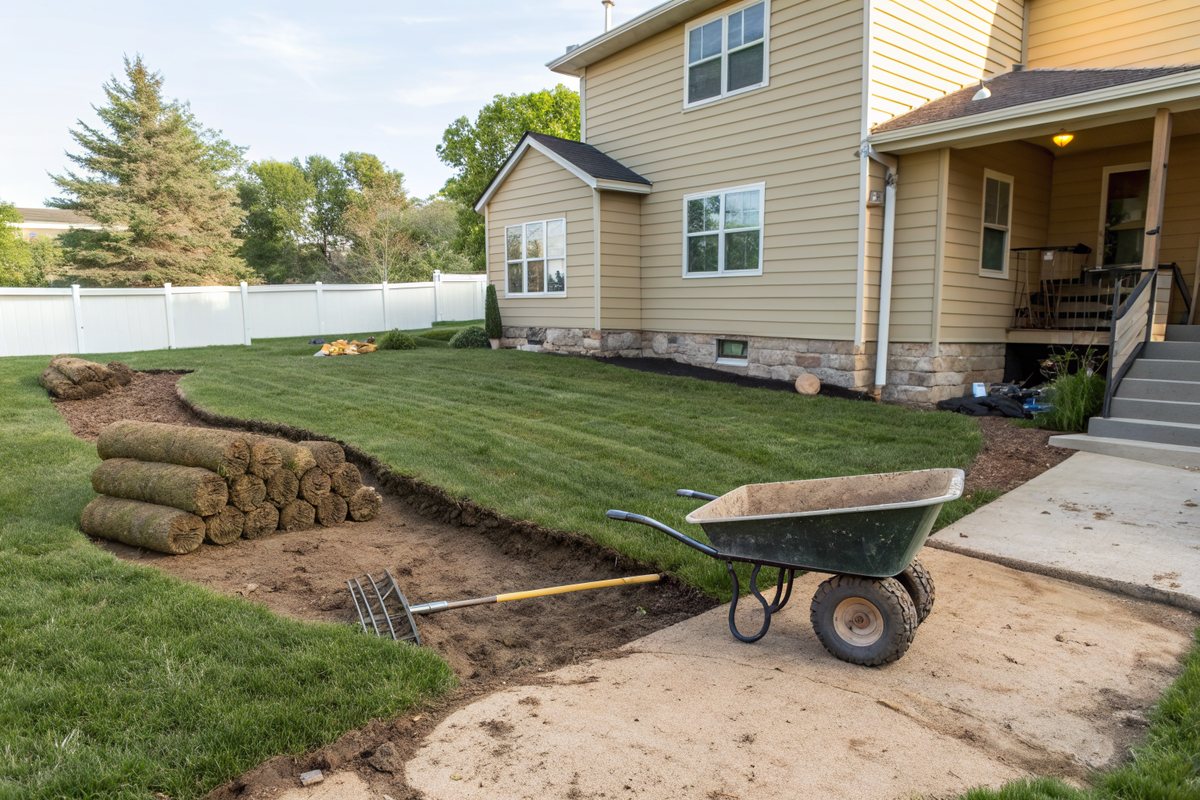 A backyard reshaped to slope away from a house, with new sod rolls and a wheelbarrow