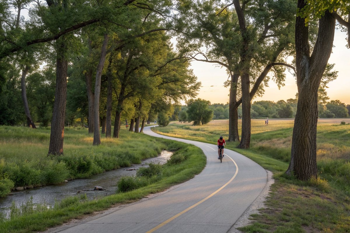 A paved trail beside a tree-lined creek in a city park at sunset
