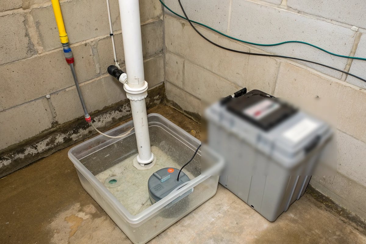 A sump basin with a white discharge pipe and a gray backup battery case in a basement corner