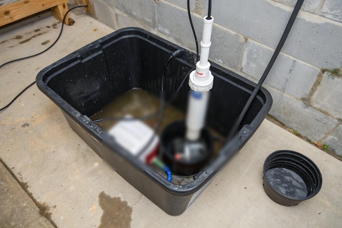 Looking down into a black sump basin with a submersible pump and a white discharge pipe