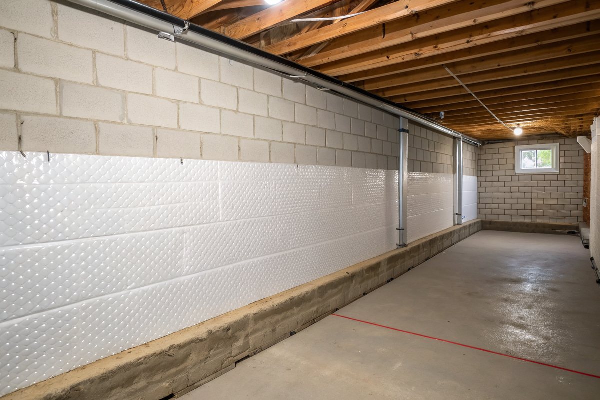 White dimpled drainage membrane fastened along a block basement wall