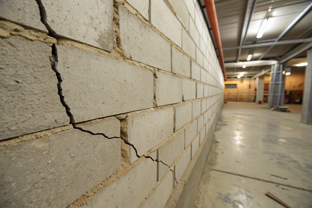 A long crack running through the mortar joints of a concrete block basement wall