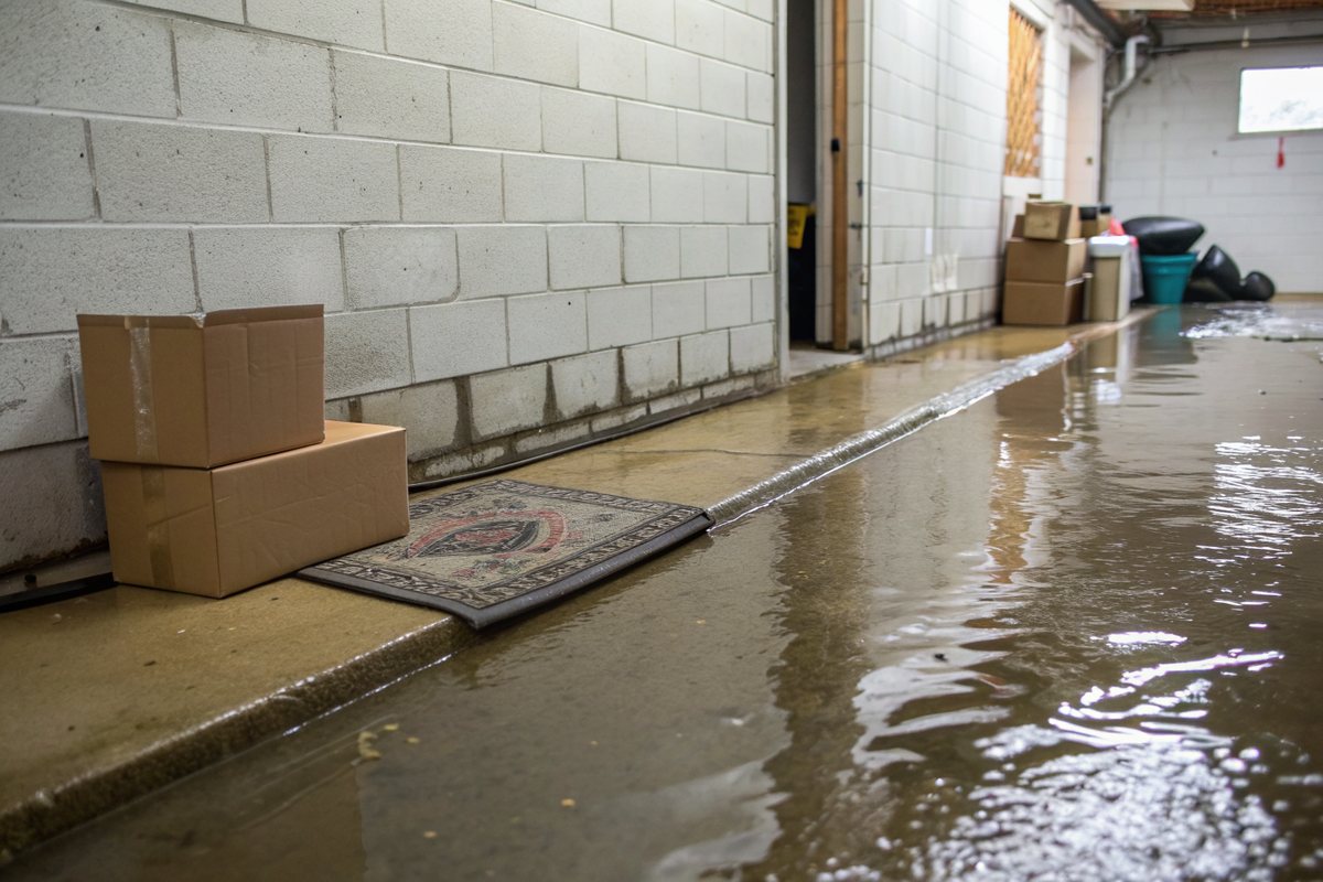 Water pooled along the base of a concrete block basement wall, with a rug and boxes moved aside