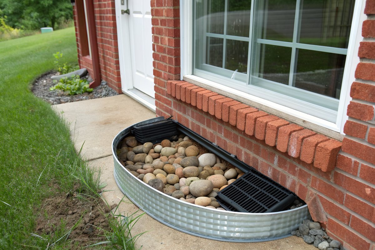 A galvanized window well filled with river rock beside a basement window on a brick house